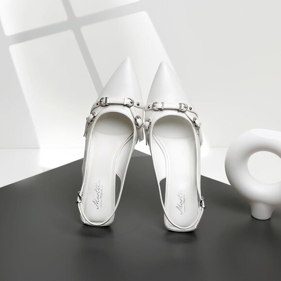 Mostrin Kitten Heel White Pu(03) Faux Leather Low Slingback Heels with Buckle - Picture 8 of 9